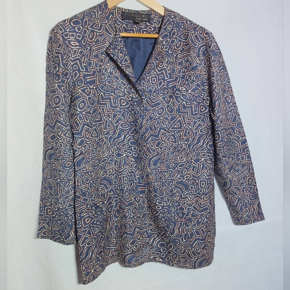 Vintage St. Gillian Kay Unger Sz 10 Navy Patterned Silk Blazer - Picture 2 of 5